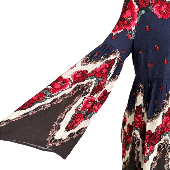 Free People Falling Tapestry Floral Rose Draped Bell Sleeve Peasant Dress - S - Picture 7 of 16
